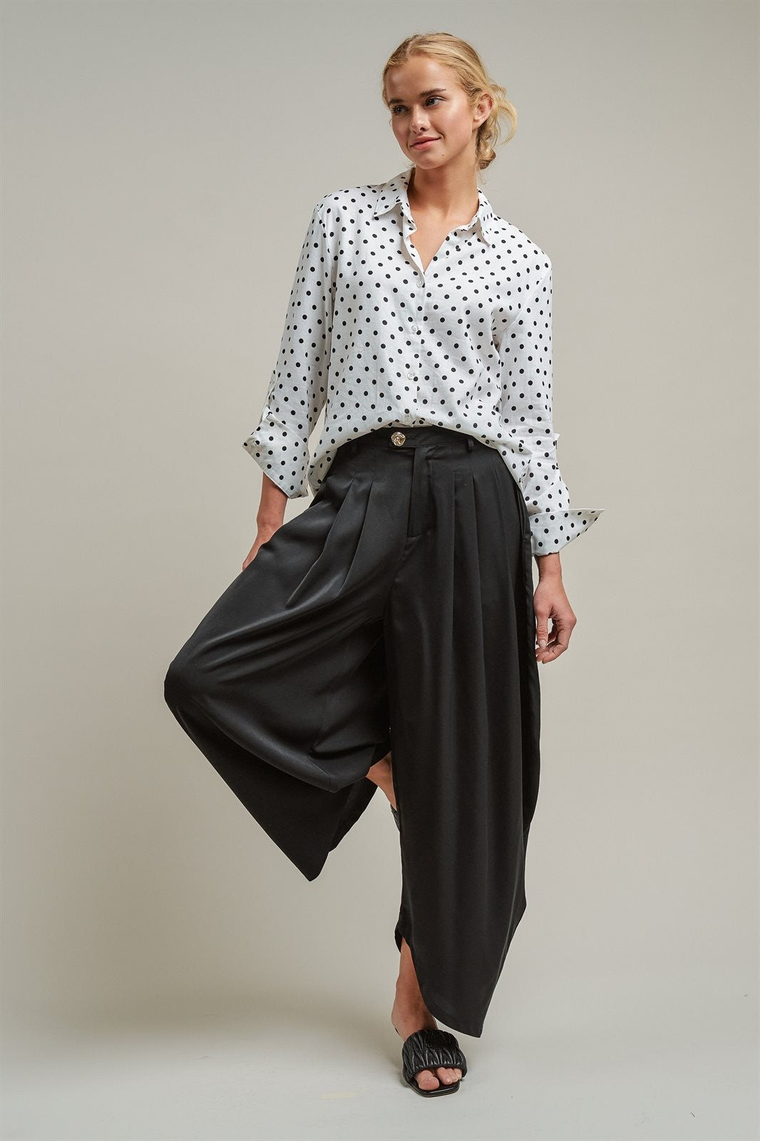 Polka Dot Linen Blend Button Up Shirt in White - Women's Blankets | Urban Daizy
