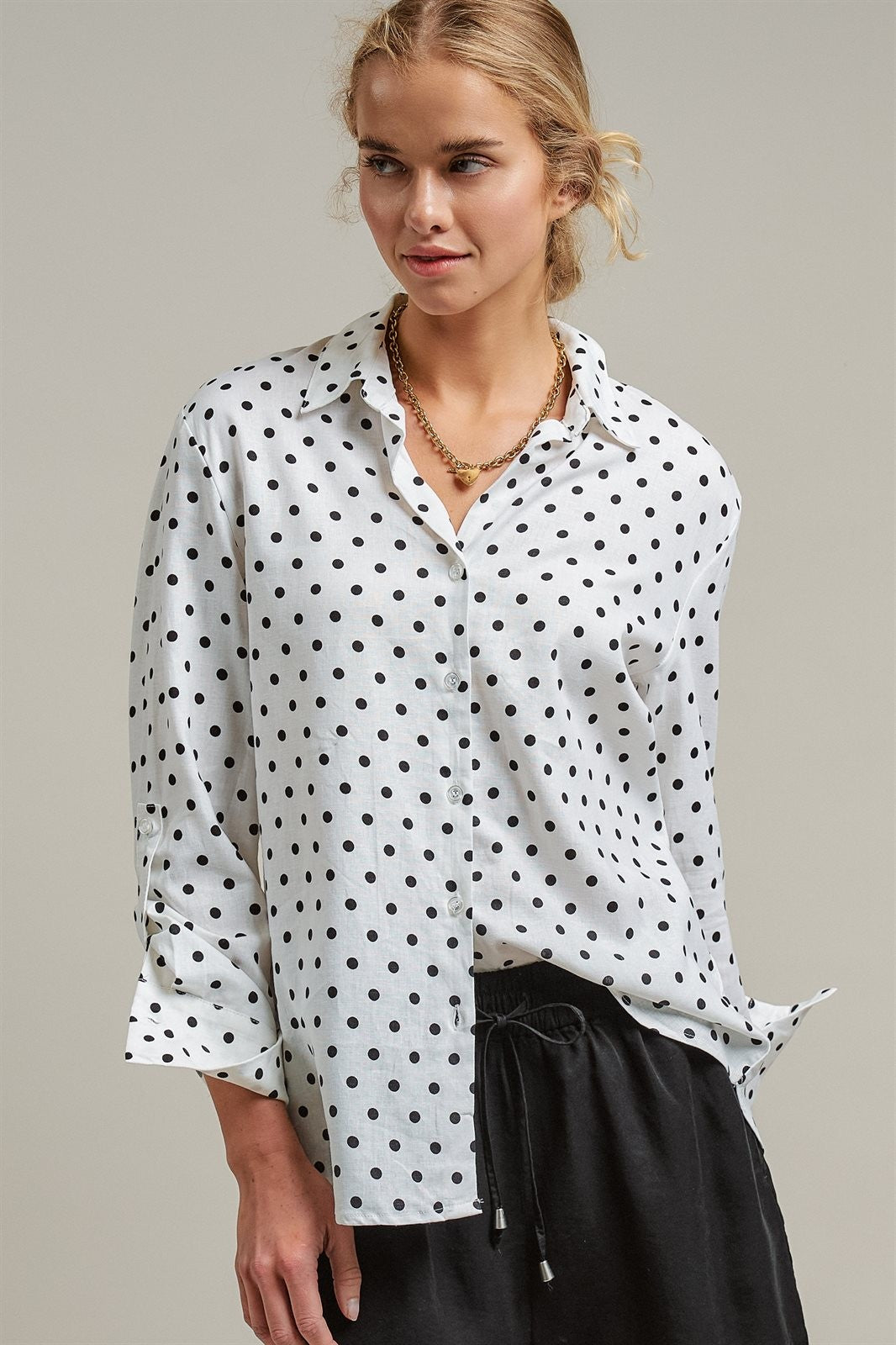 Polka Dot Linen Blend Button Up Shirt in White - Women's Blankets | Urban Daizy