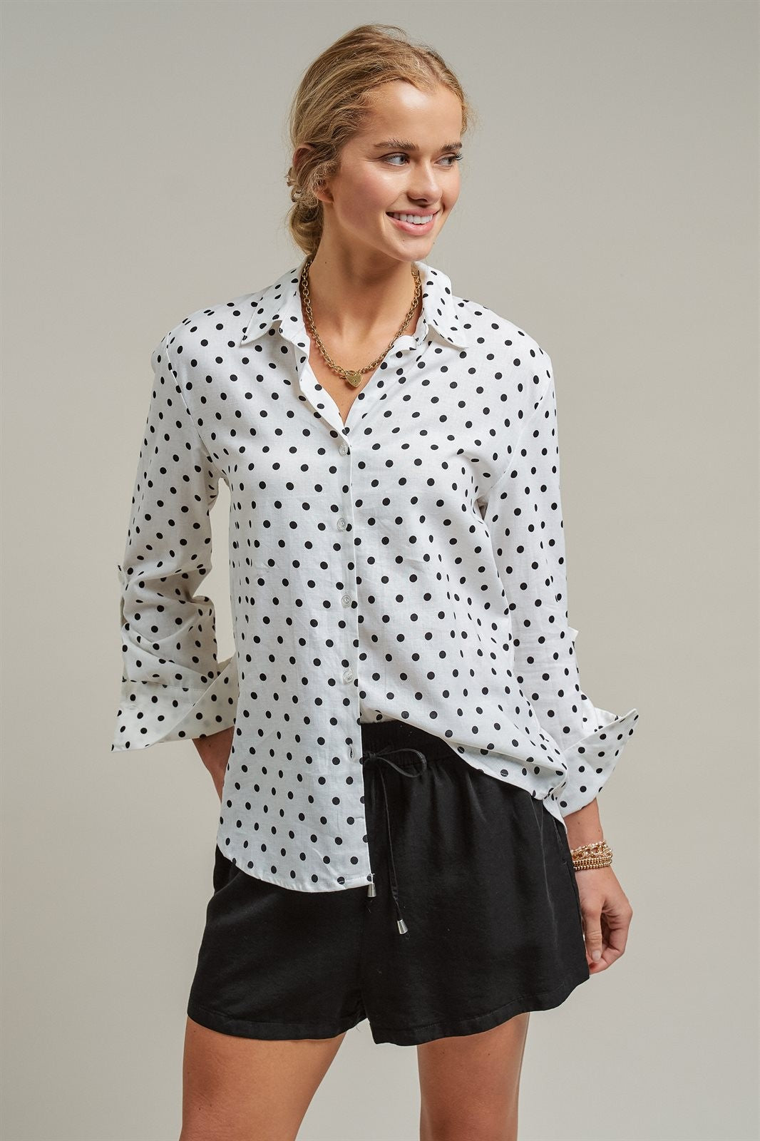 Polka Dot Linen Blend Button Up Shirt in White - Women's Blankets | Urban Daizy