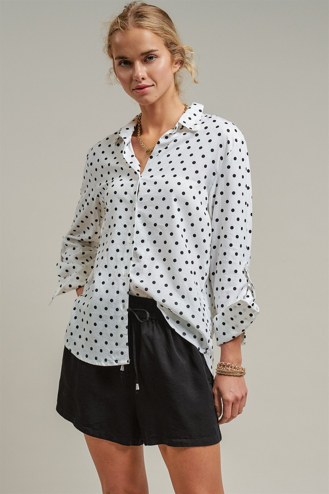Polka Dot Linen Blend Button Up Shirt in White - Women's Blankets | Urban Daizy