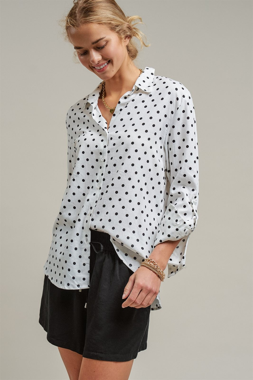 Polka Dot Linen Blend Button Up Shirt in White - Women's Blankets | Urban Daizy