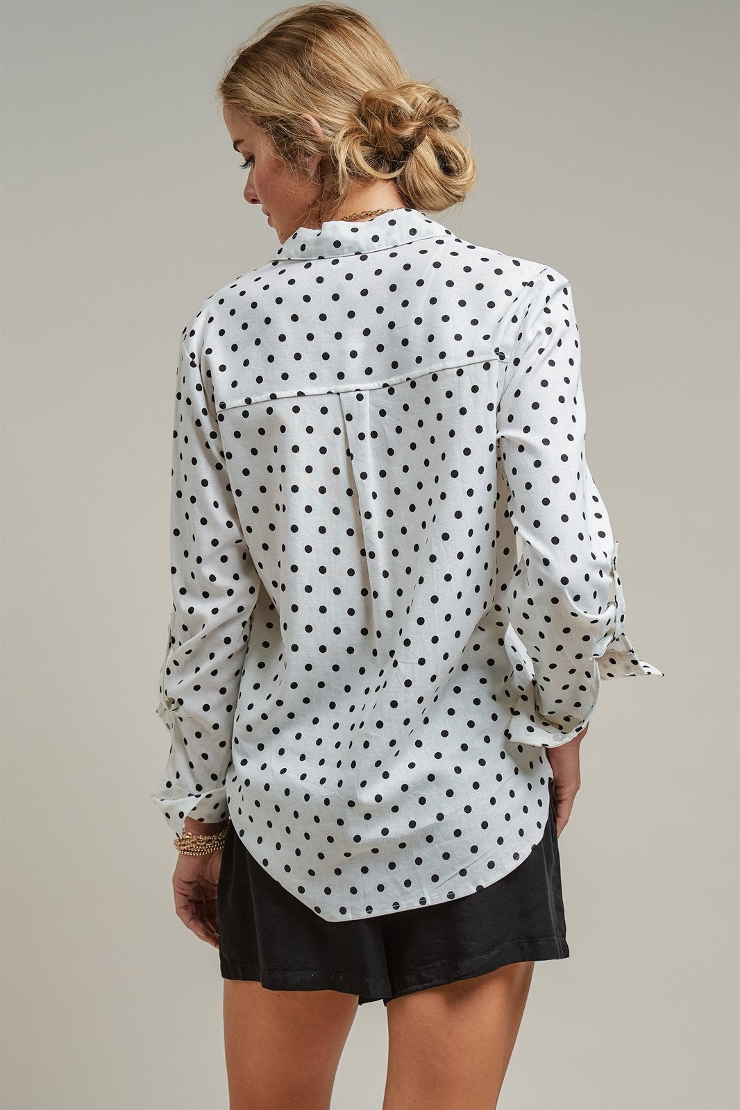 Polka Dot Linen Blend Button Up Shirt in White - Women's Blankets | Urban Daizy