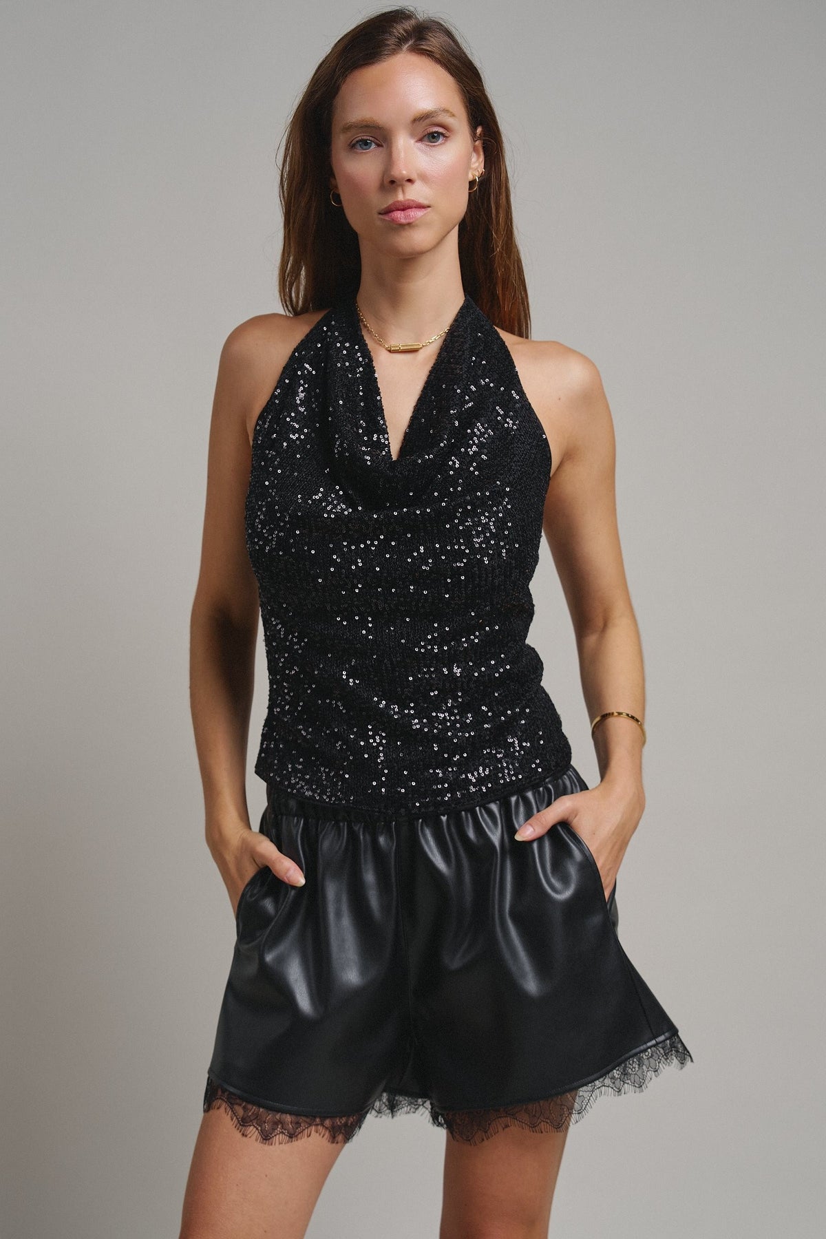 Midnight Shine Sequin Halter Top in Black - Women's Tanks & Camis | Urban Daizy