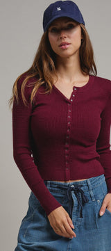 Soft Focus Waffle Knit Henley Top in Burgundy - Women's T-Shirts & Polos | Urban Daizy