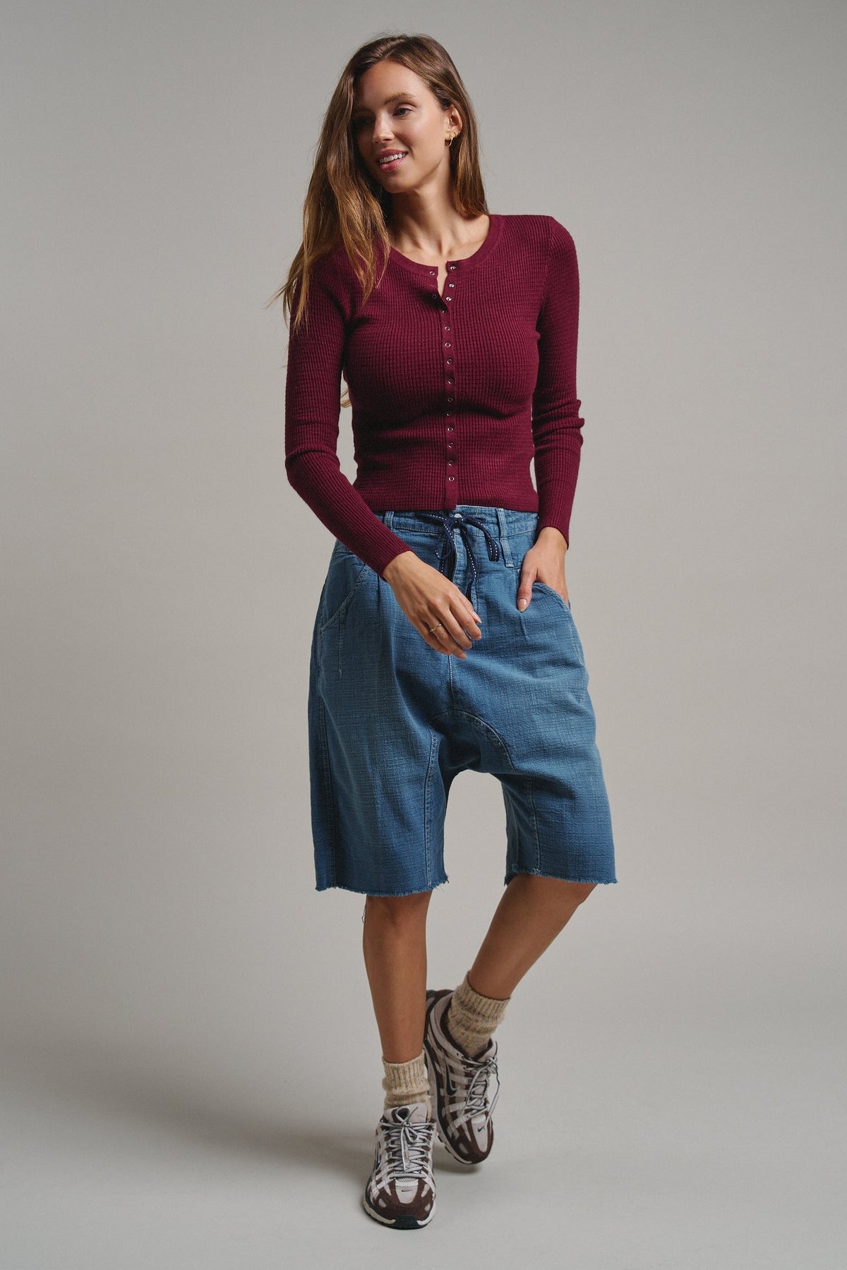 Soft Focus Waffle Knit Henley Top in Burgundy - Women's T-Shirts & Polos | Urban Daizy