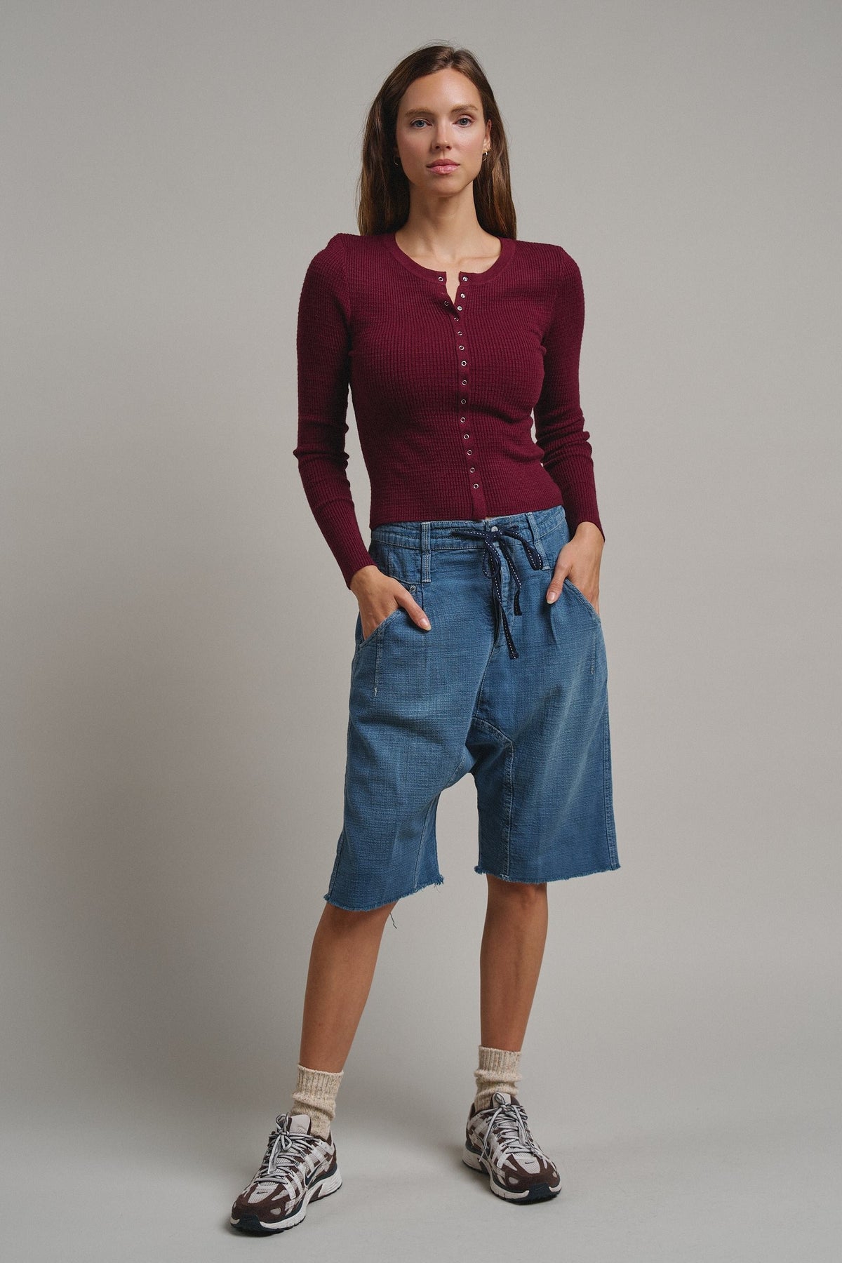 Soft Focus Waffle Knit Henley Top in Burgundy - Women's T-Shirts & Polos | Urban Daizy