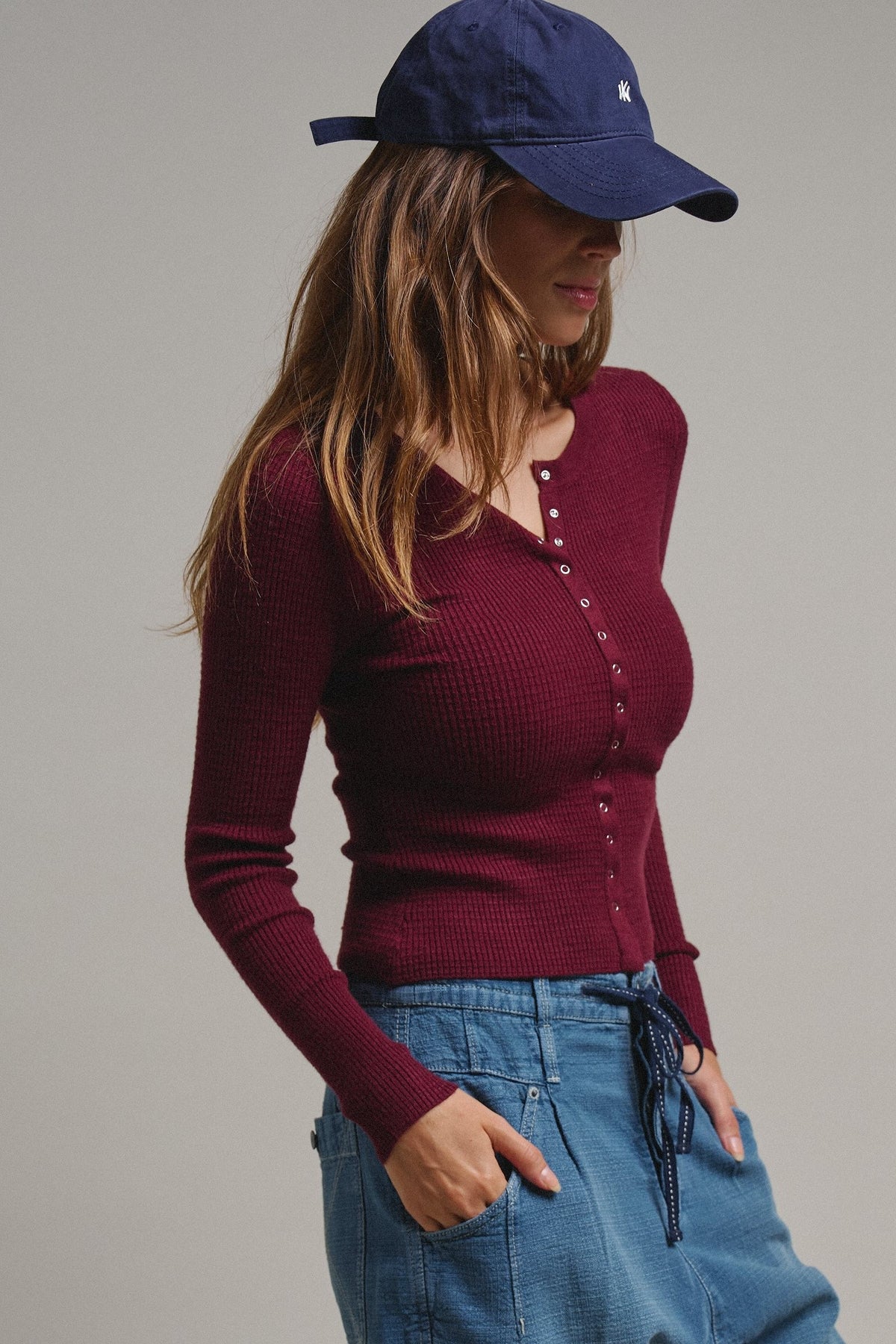 Soft Focus Waffle Knit Henley Top in Burgundy - Women's T-Shirts & Polos | Urban Daizy