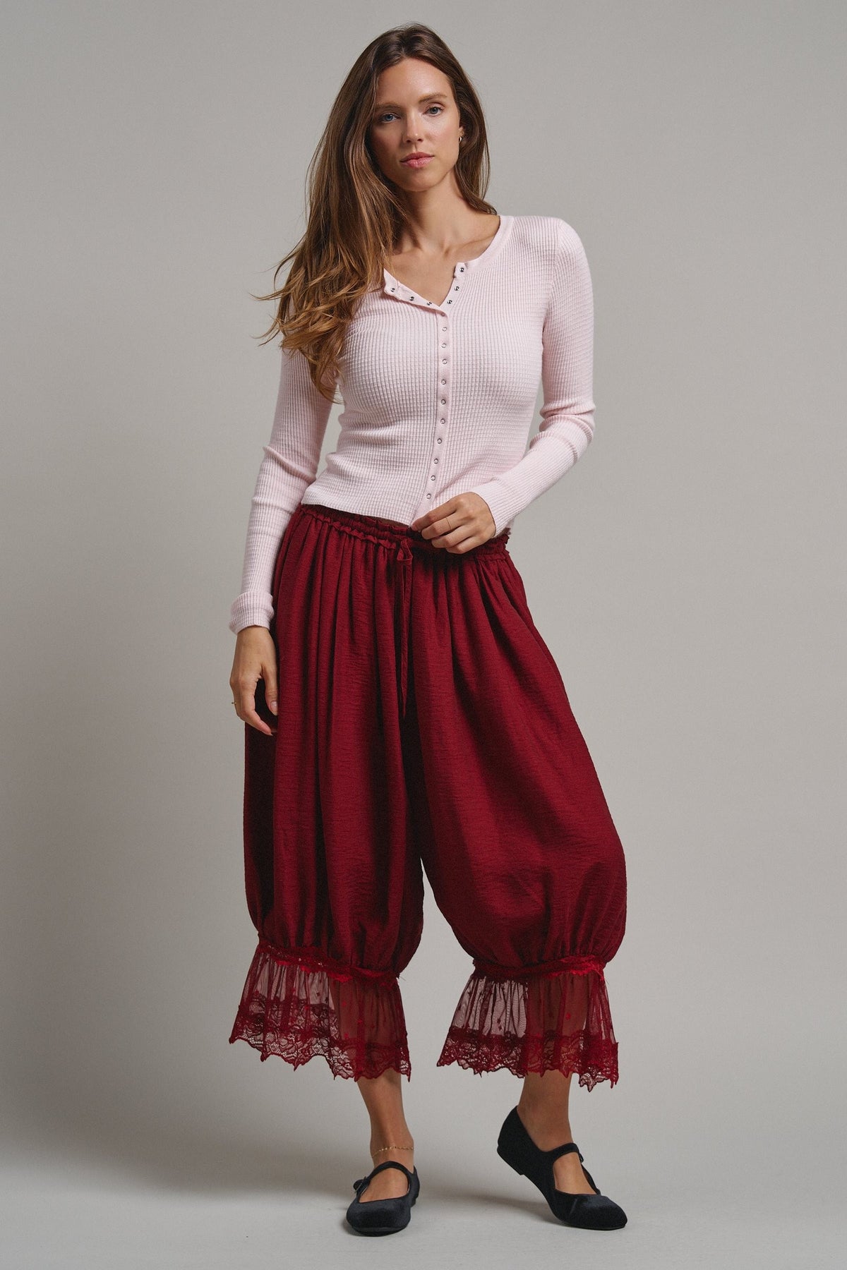 Soft Focus Waffle Knit Henley Top in Lt Pink - Women's T-Shirts & Polos | Urban Daizy