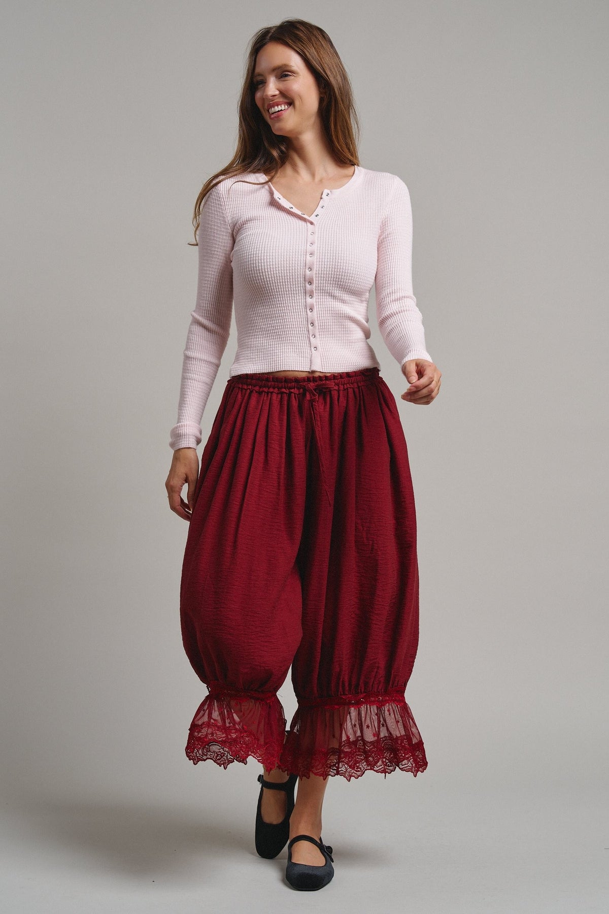 Soft Focus Waffle Knit Henley Top in Lt Pink - Women's T-Shirts & Polos | Urban Daizy