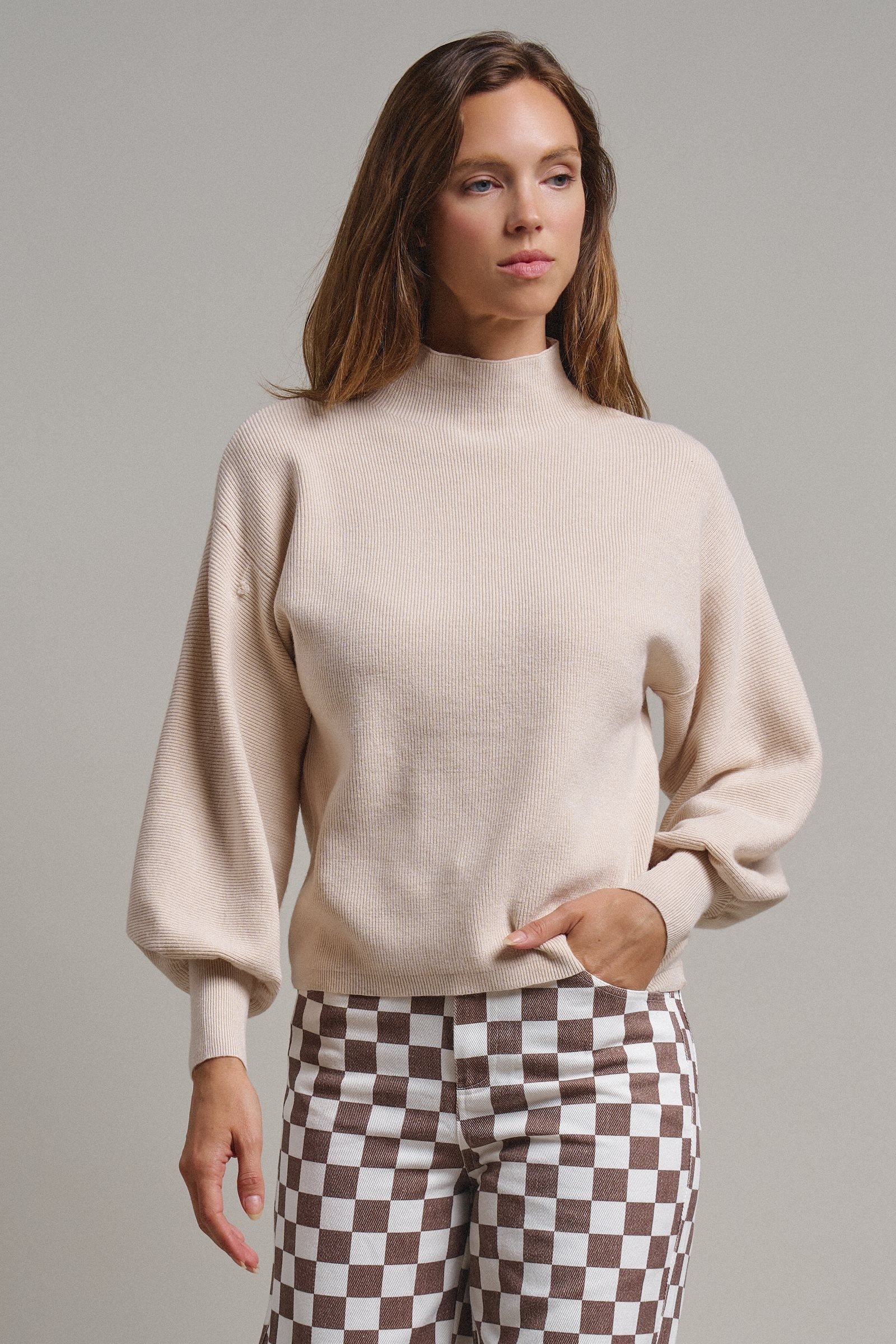 Soft Focus Mock Neck Sweater in Oatmeal - Women's Sweaters | Urban Daizy