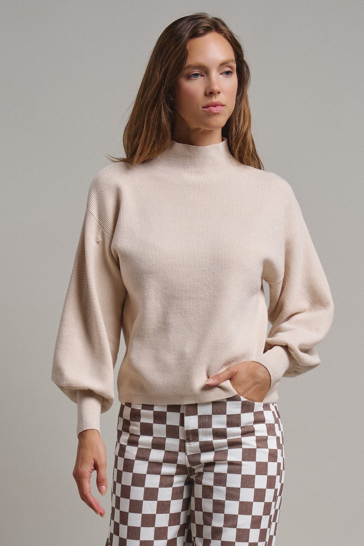 Soft Focus Mock Neck Sweater in Oatmeal - Women's Sweaters | Urban Daizy