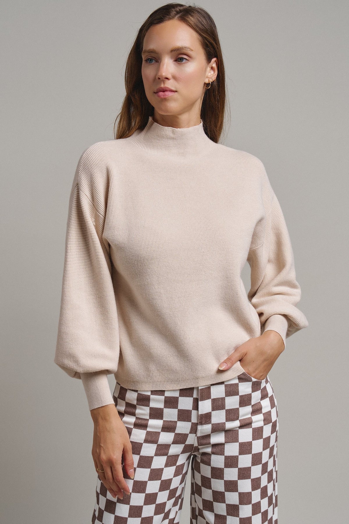 Soft Focus Mock Neck Sweater in Oatmeal - Women's Sweaters | Urban Daizy