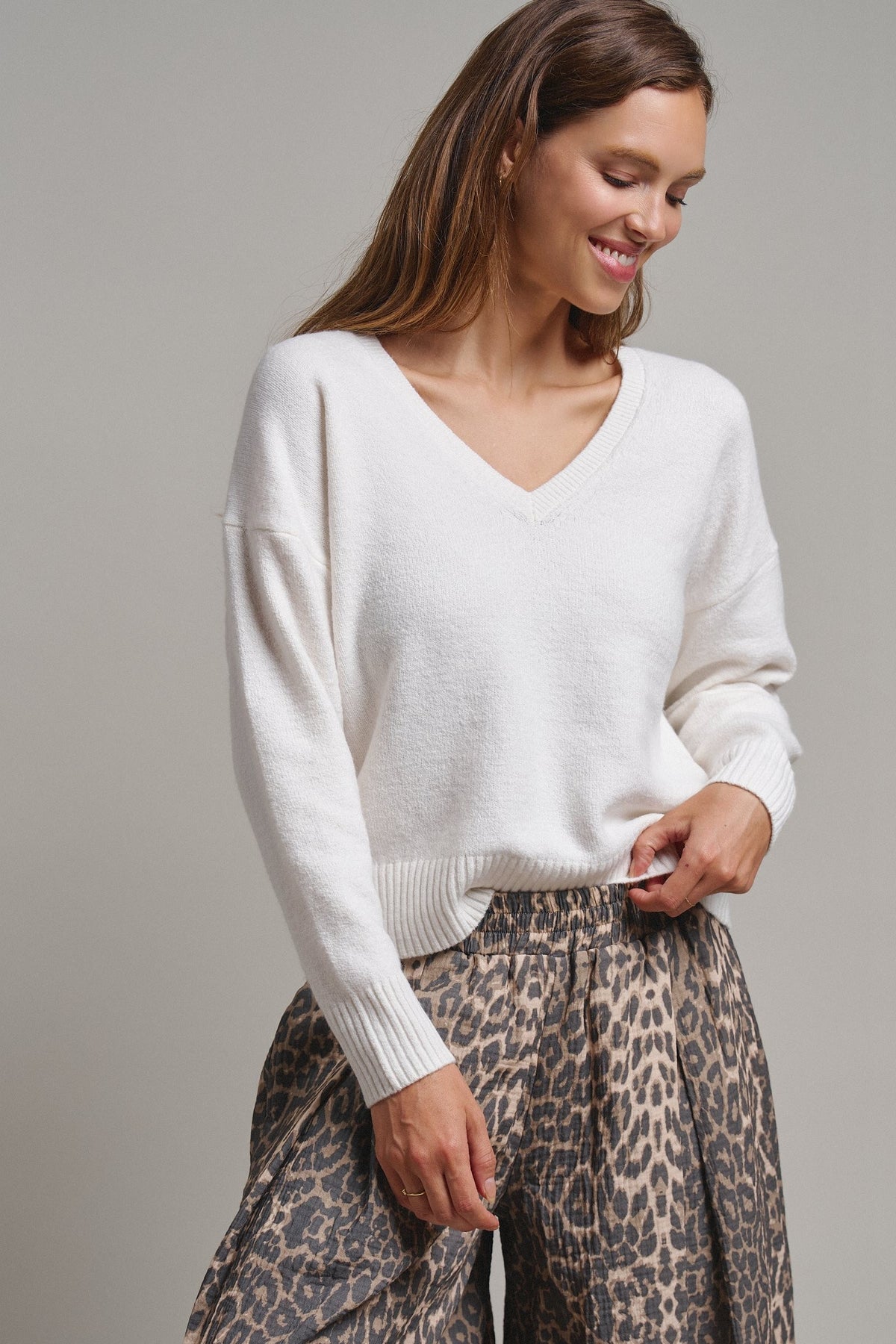 Drop Shoulder Ribbed Knit Sweater in Ivory - Women's Sweaters | Urban Daizy