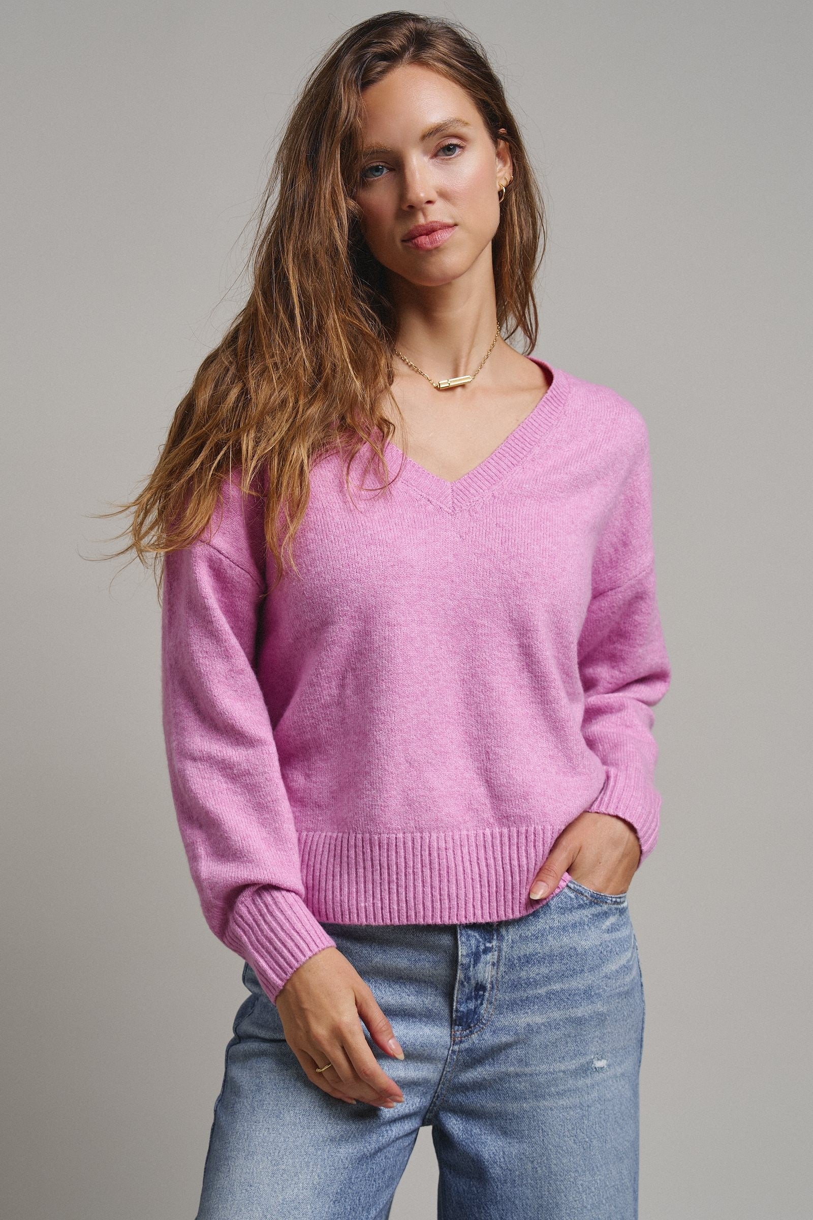 Drop Shoulder Ribbed Knit Sweater in Pink - Women's Sweaters | Urban Daizy