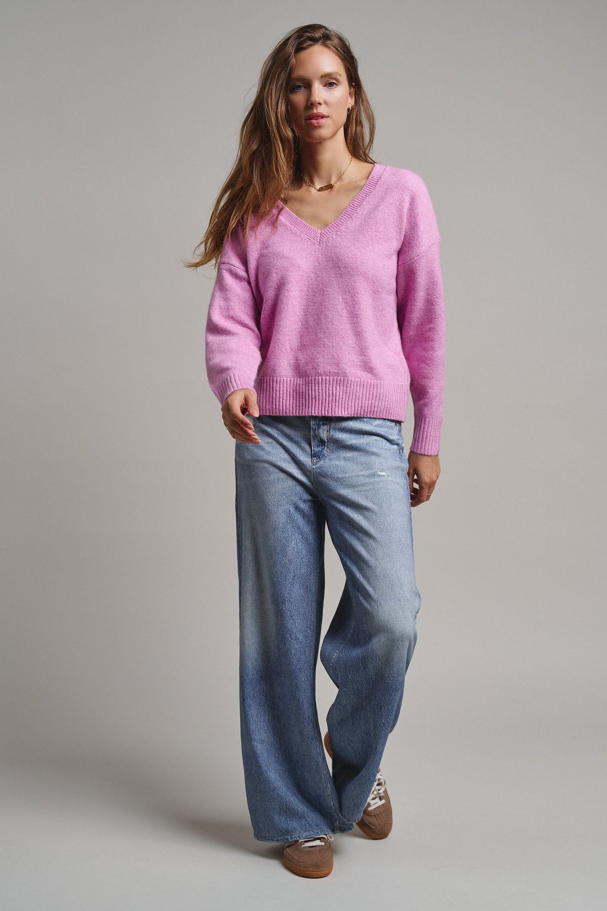 Drop Shoulder Ribbed Knit Sweater in Pink - Women's Sweaters | Urban Daizy