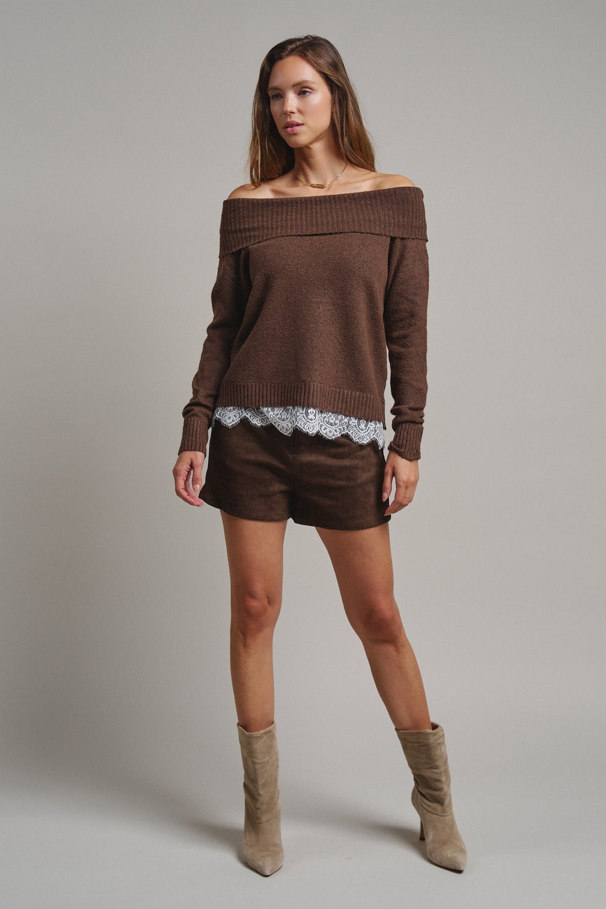 Soft Focus Off Shoulder Sweater in Mocha - Women's Sweaters | Urban Daizy