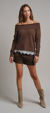 Soft Focus Off Shoulder Sweater in Mocha - Women's Sweaters | Urban Daizy