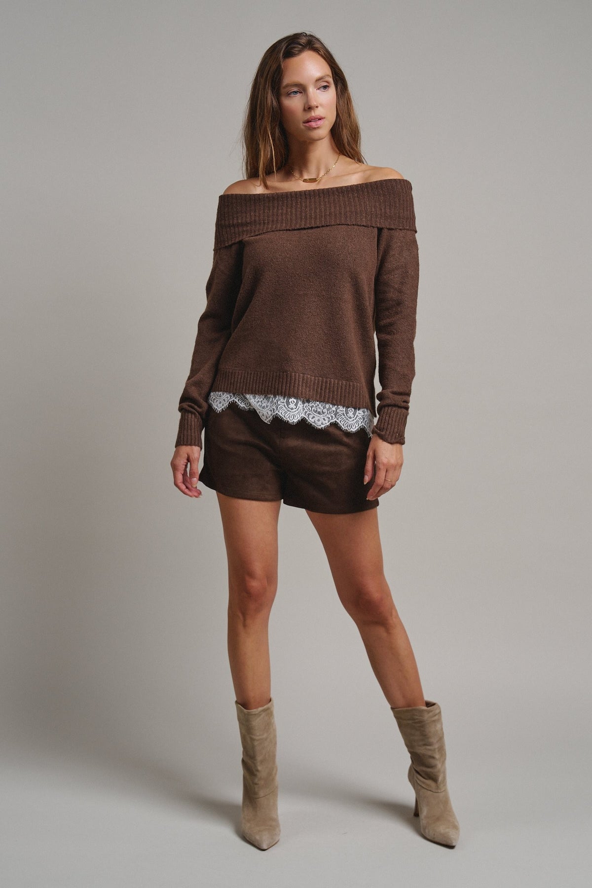 Soft Focus Off Shoulder Sweater in Mocha - Women's Sweaters | Urban Daizy