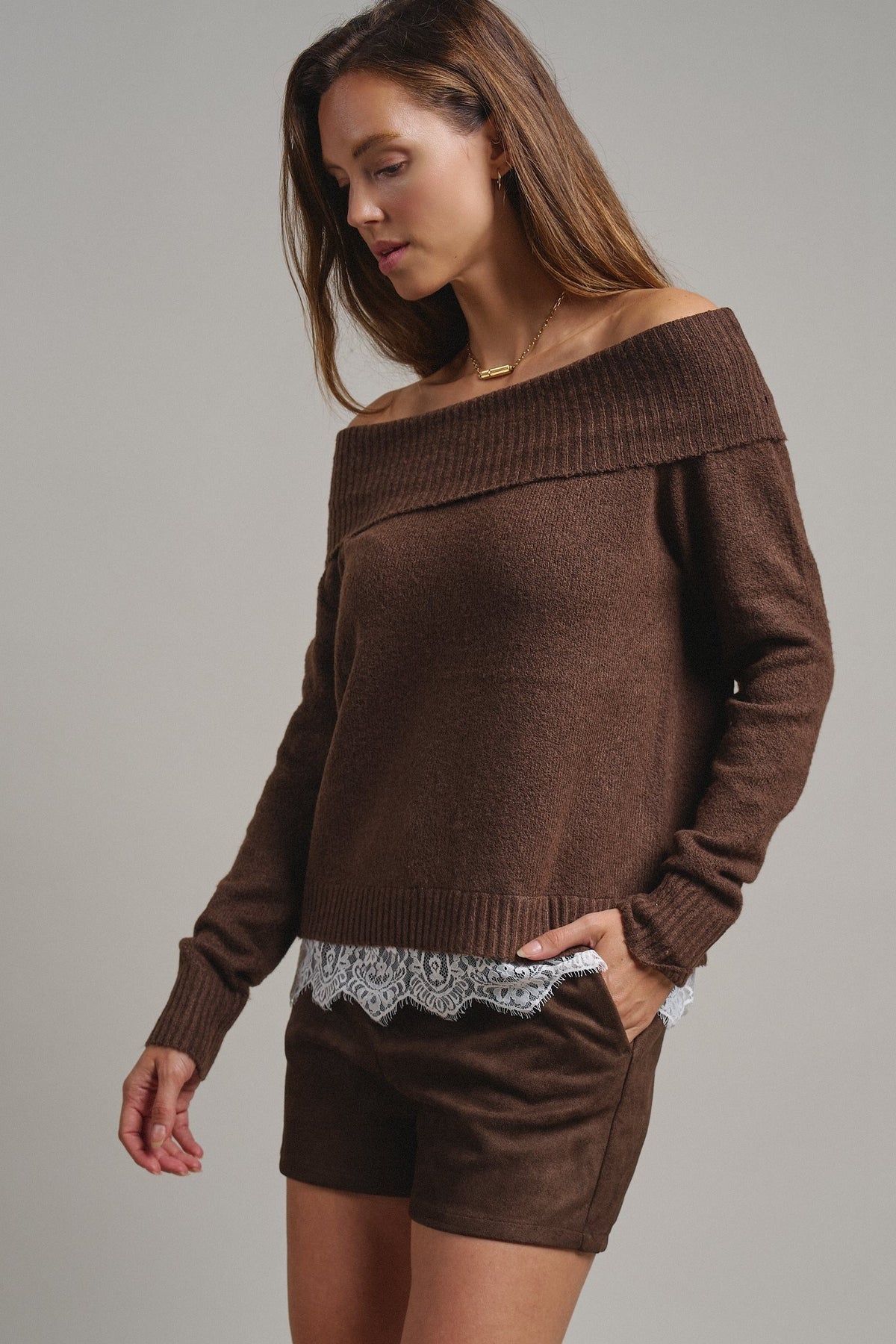 Soft Focus Off Shoulder Sweater in Mocha - Women's Sweaters | Urban Daizy