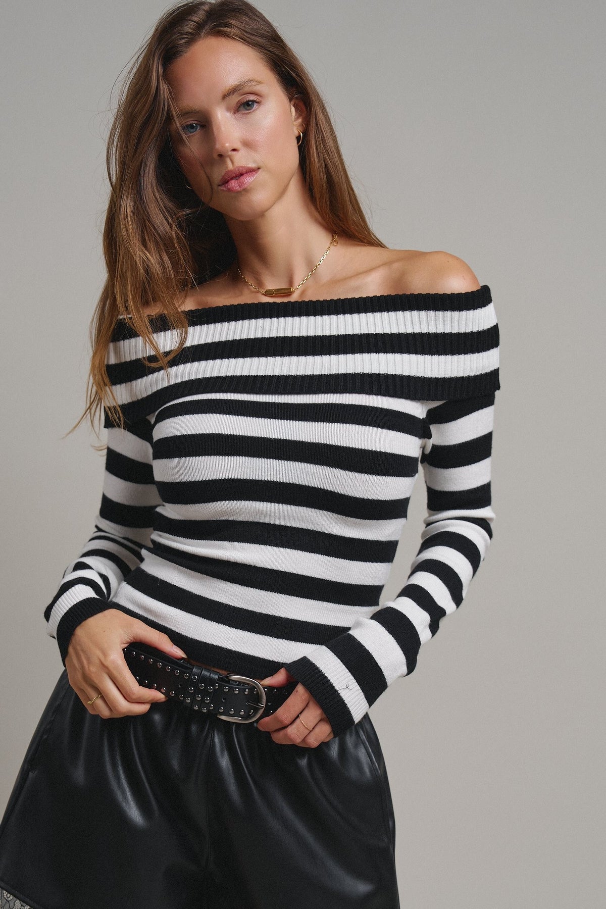 Bistro Stripe Off Shoulder Sweater in Black - Women's Sweaters | Urban Daizy