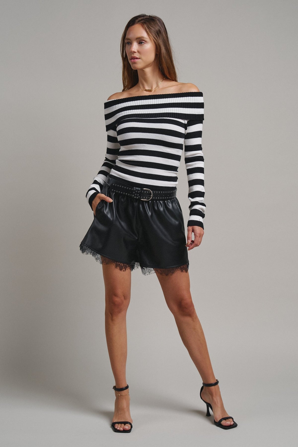 Bistro Stripe Off Shoulder Sweater in Black - Women's Sweaters | Urban Daizy