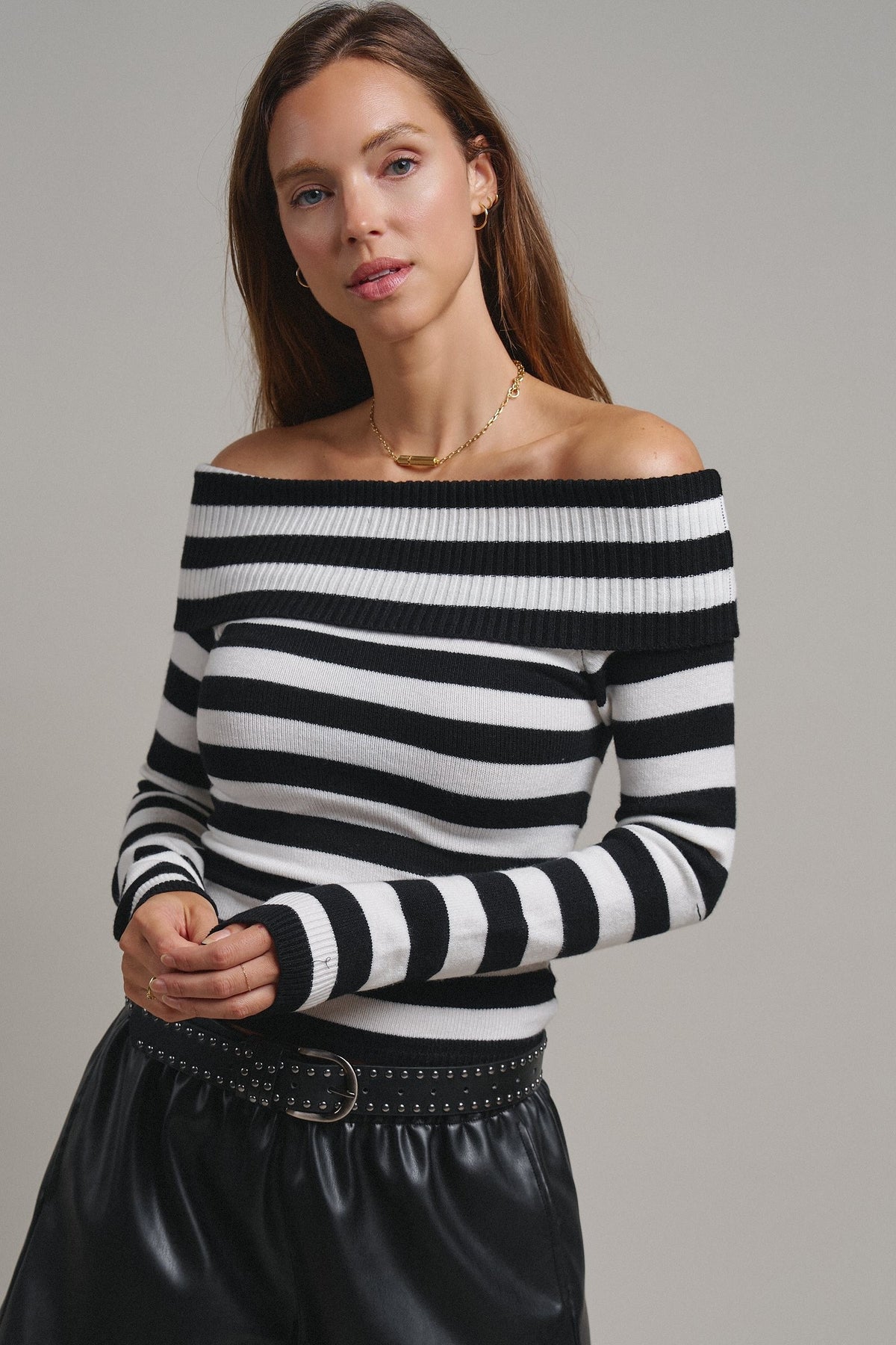 Bistro Stripe Off Shoulder Sweater in Black - Women's Sweaters | Urban Daizy