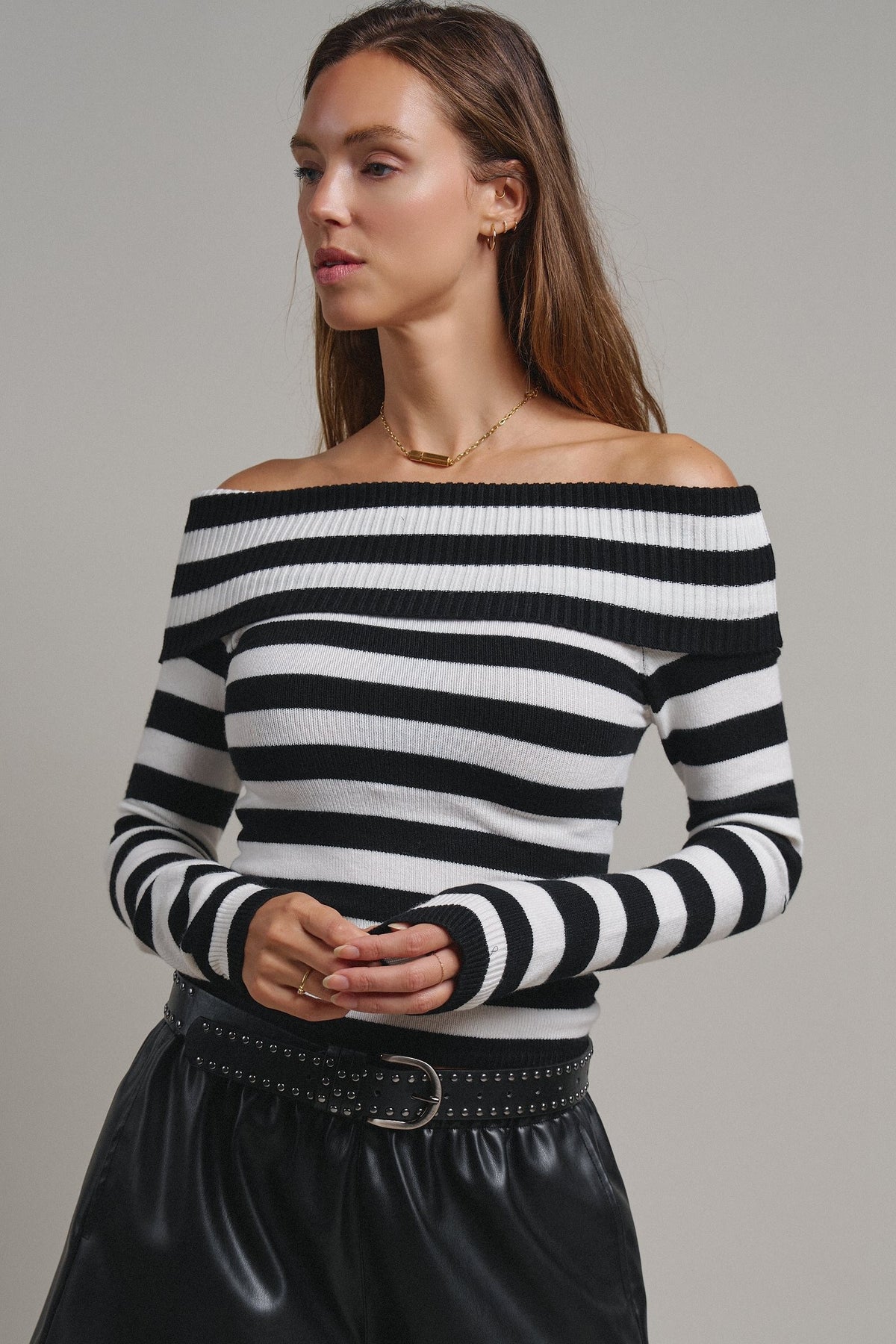 Bistro Stripe Off Shoulder Sweater in Black - Women's Sweaters | Urban Daizy