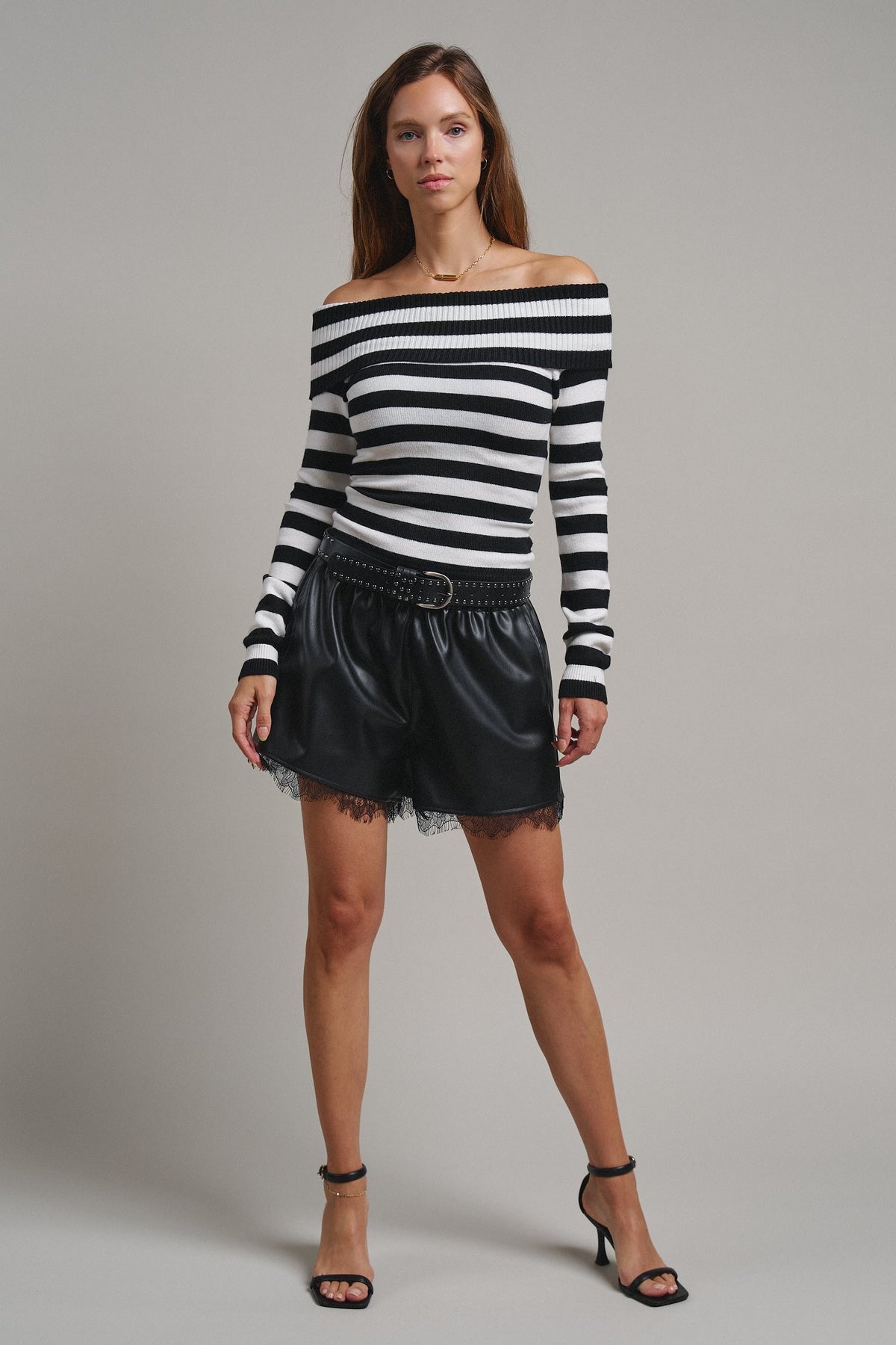 Bistro Stripe Off Shoulder Sweater in Black - Women's Sweaters | Urban Daizy