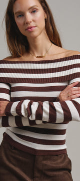 Bistro Stripe Off Shoulder Sweater in Chocolate - Women's Sweaters | Urban Daizy