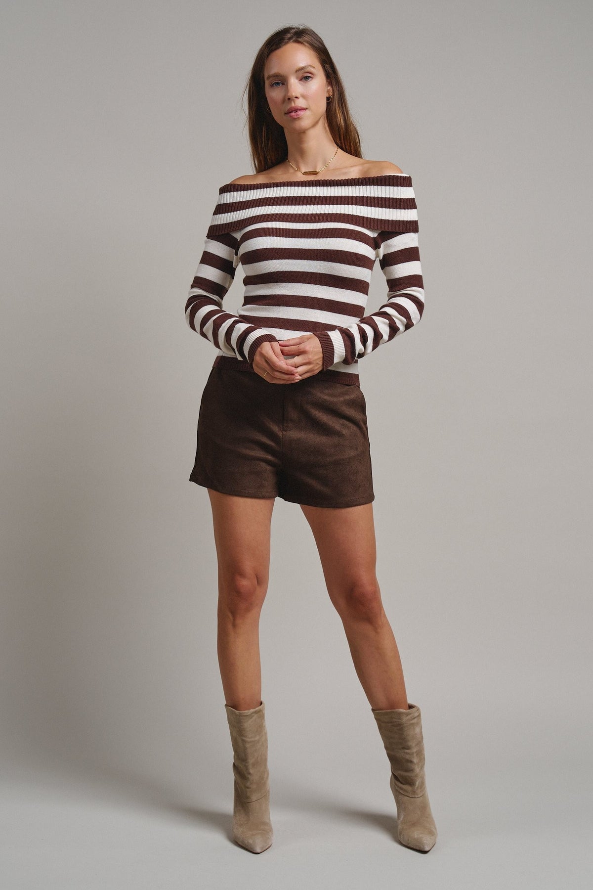 Bistro Stripe Off Shoulder Sweater in Chocolate - Women's Sweaters | Urban Daizy