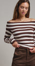 Bistro Stripe Off Shoulder Sweater in Chocolate - Women's Sweaters | Urban Daizy