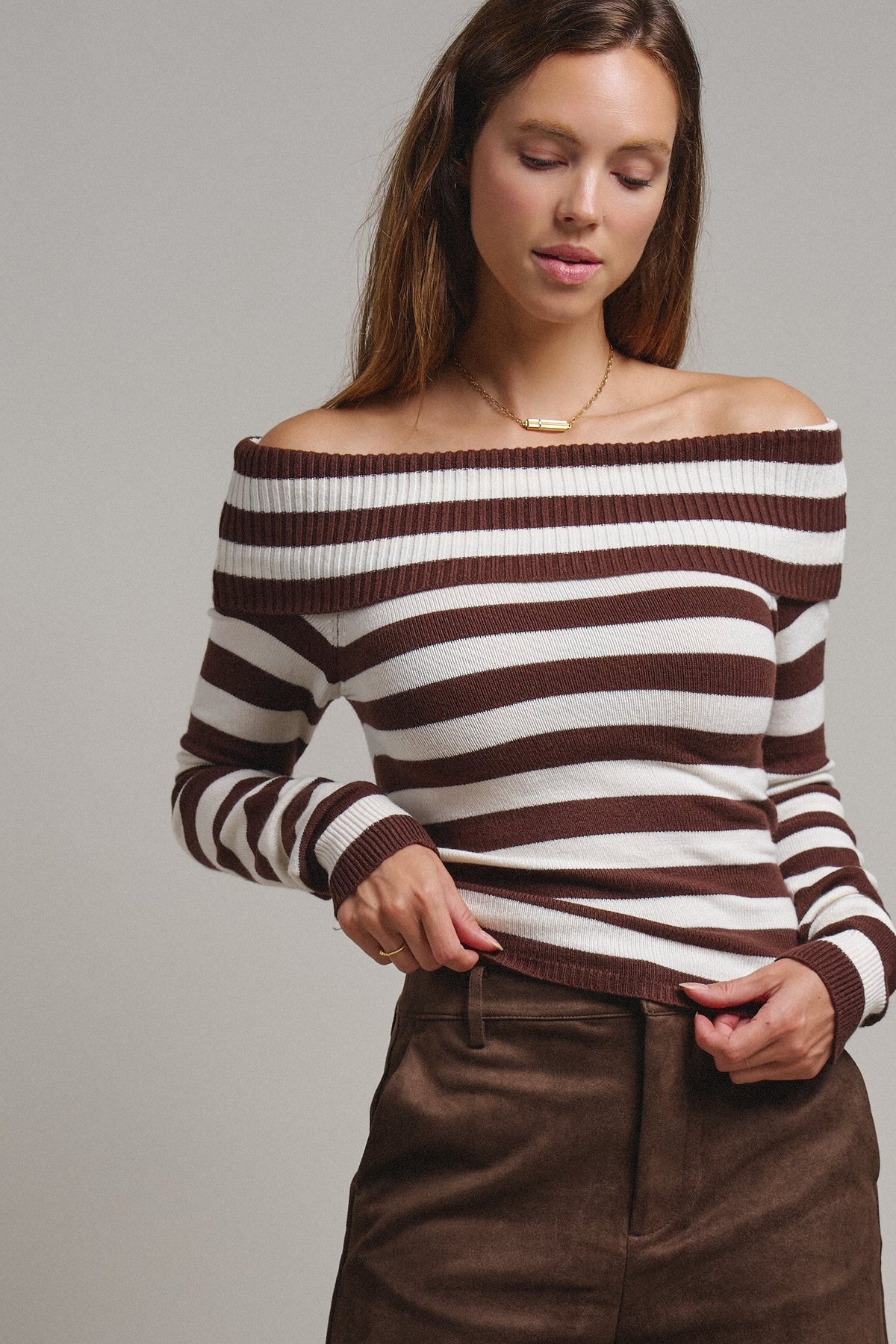 Bistro Stripe Off Shoulder Sweater in Chocolate - Women's Sweaters | Urban Daizy