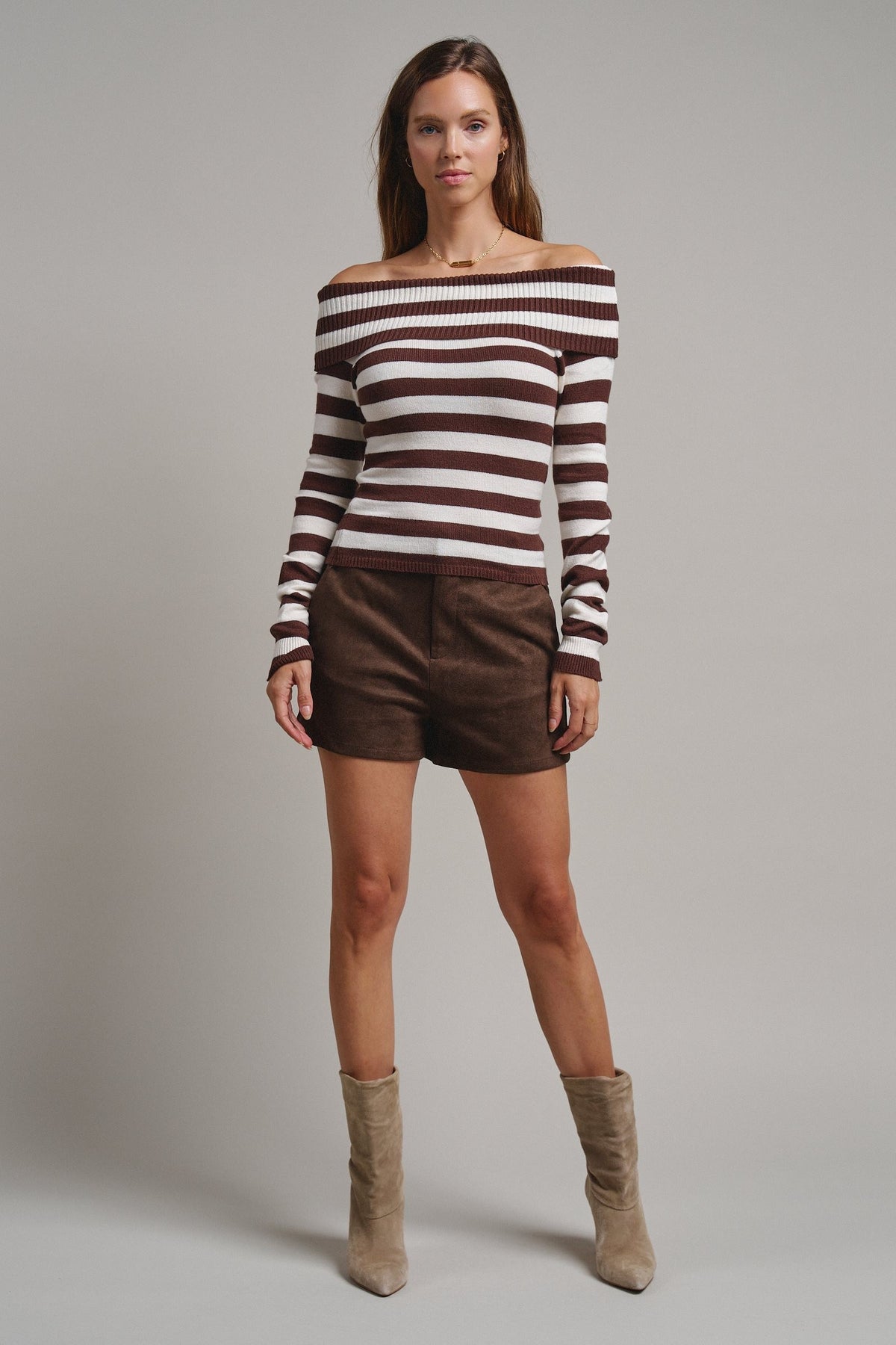 Bistro Stripe Off Shoulder Sweater in Chocolate - Women's Sweaters | Urban Daizy
