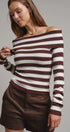 Bistro Stripe Off Shoulder Sweater in Chocolate - Women's Sweaters | Urban Daizy