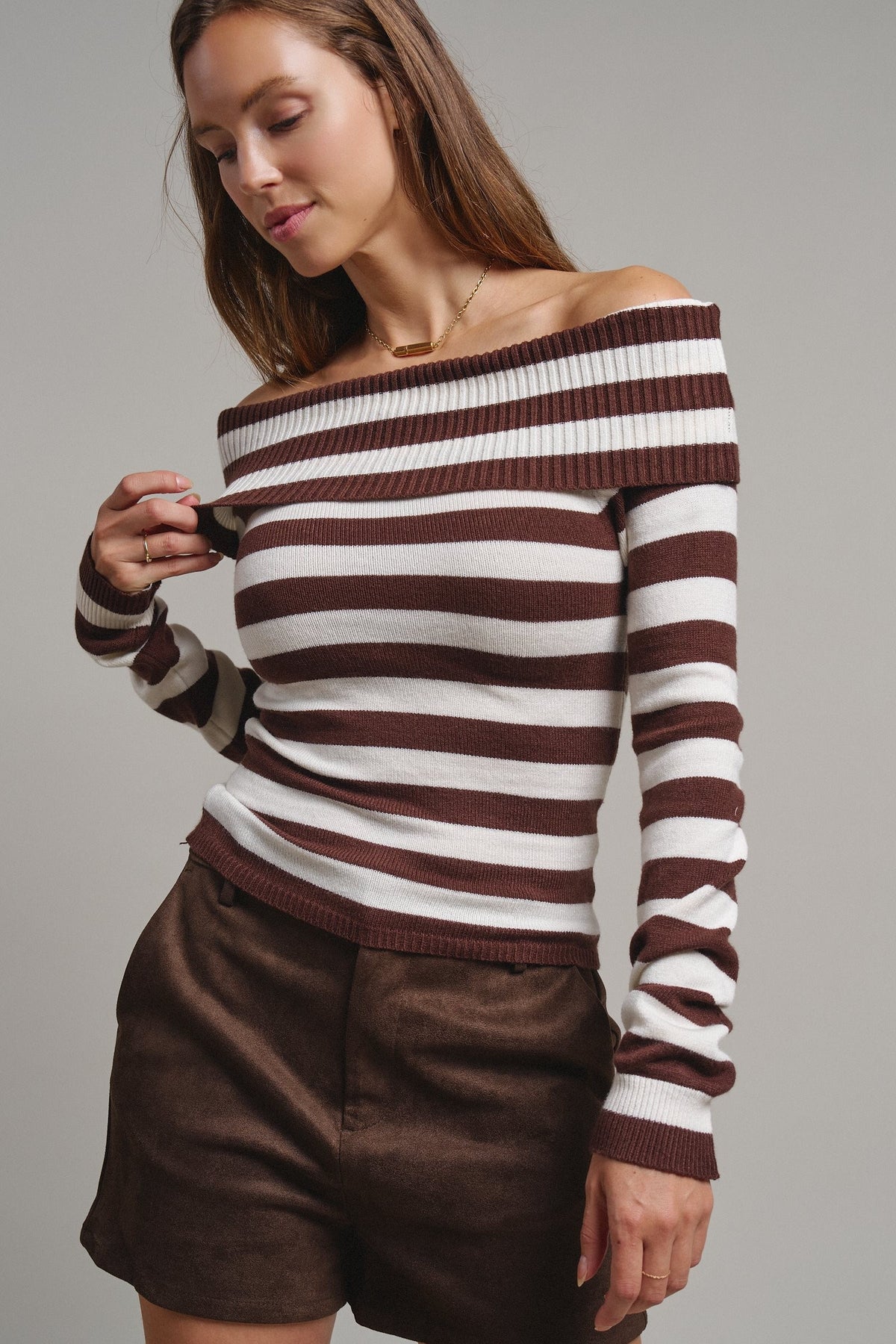 Bistro Stripe Off Shoulder Sweater in Chocolate - Women's Sweaters | Urban Daizy