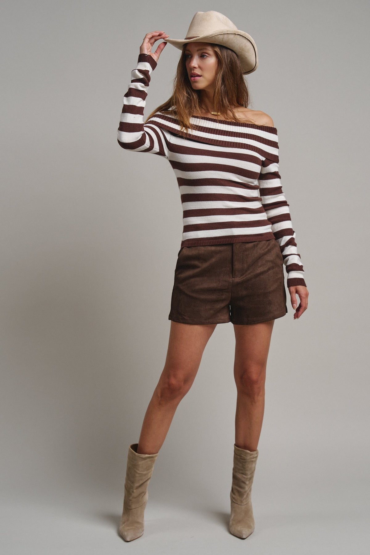 Bistro Stripe Off Shoulder Sweater in Chocolate - Women's Sweaters | Urban Daizy