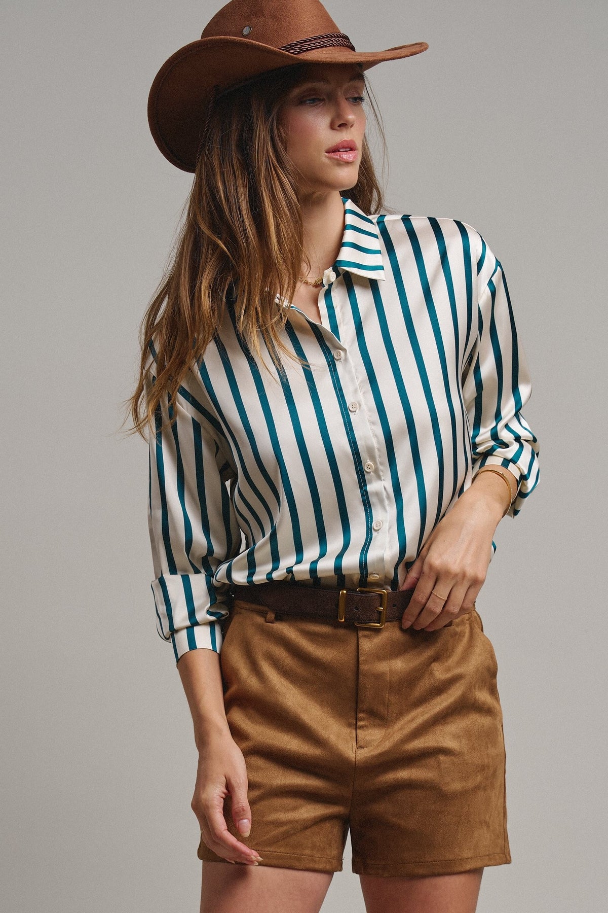 Ribbon Stripe Satin Button Down in Black - Women's Shirts & Blouses | Urban Daizy