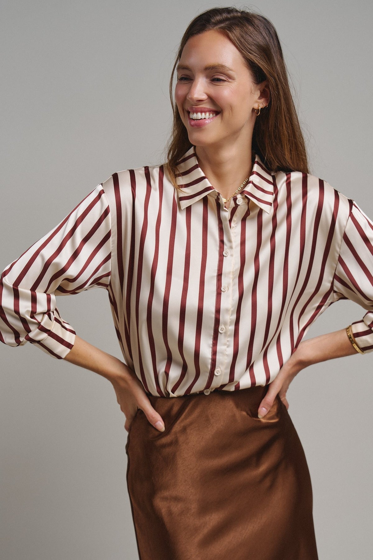 Ribbon Stripe Satin Button Down in Brown - Women's Shirts & Blouses | Urban Daizy