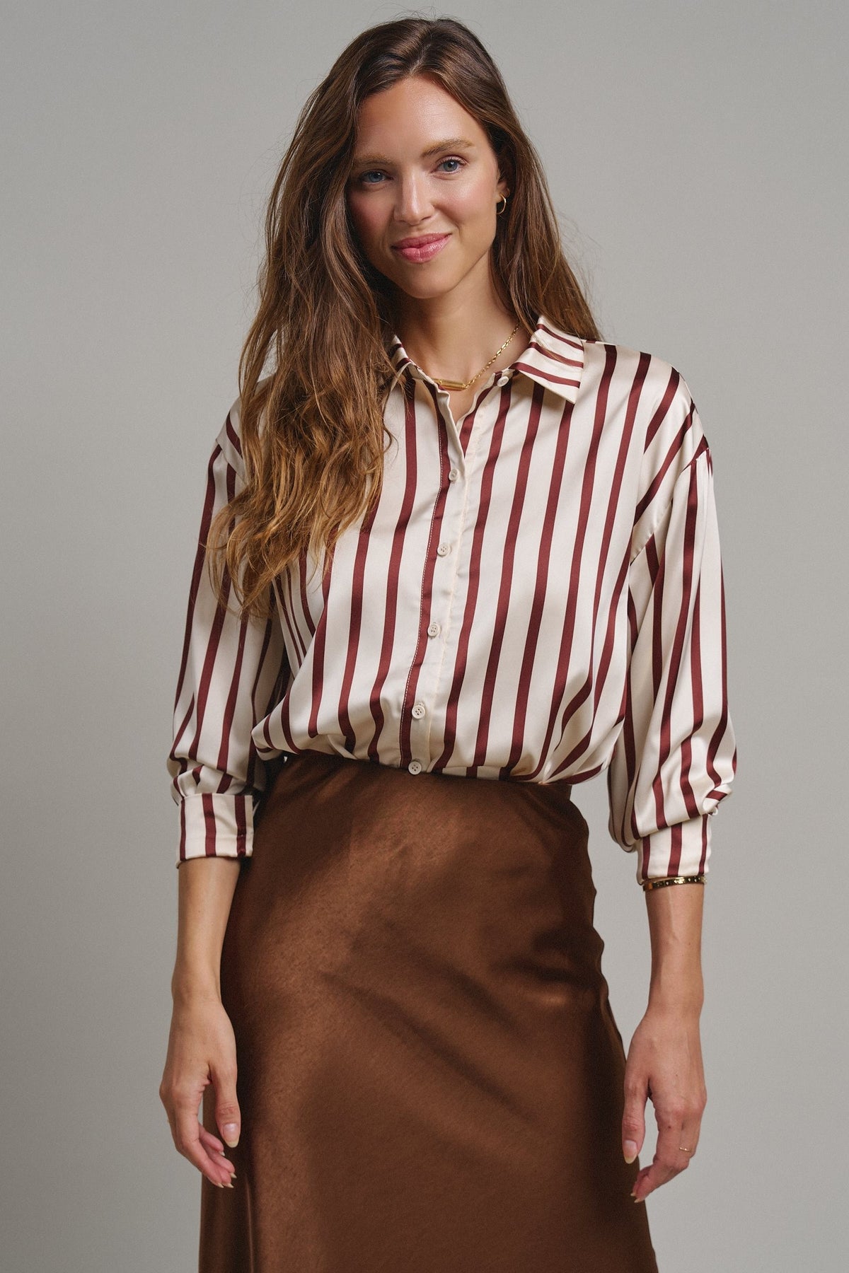 Ribbon Stripe Satin Button Down in Brown - Women's Shirts & Blouses | Urban Daizy
