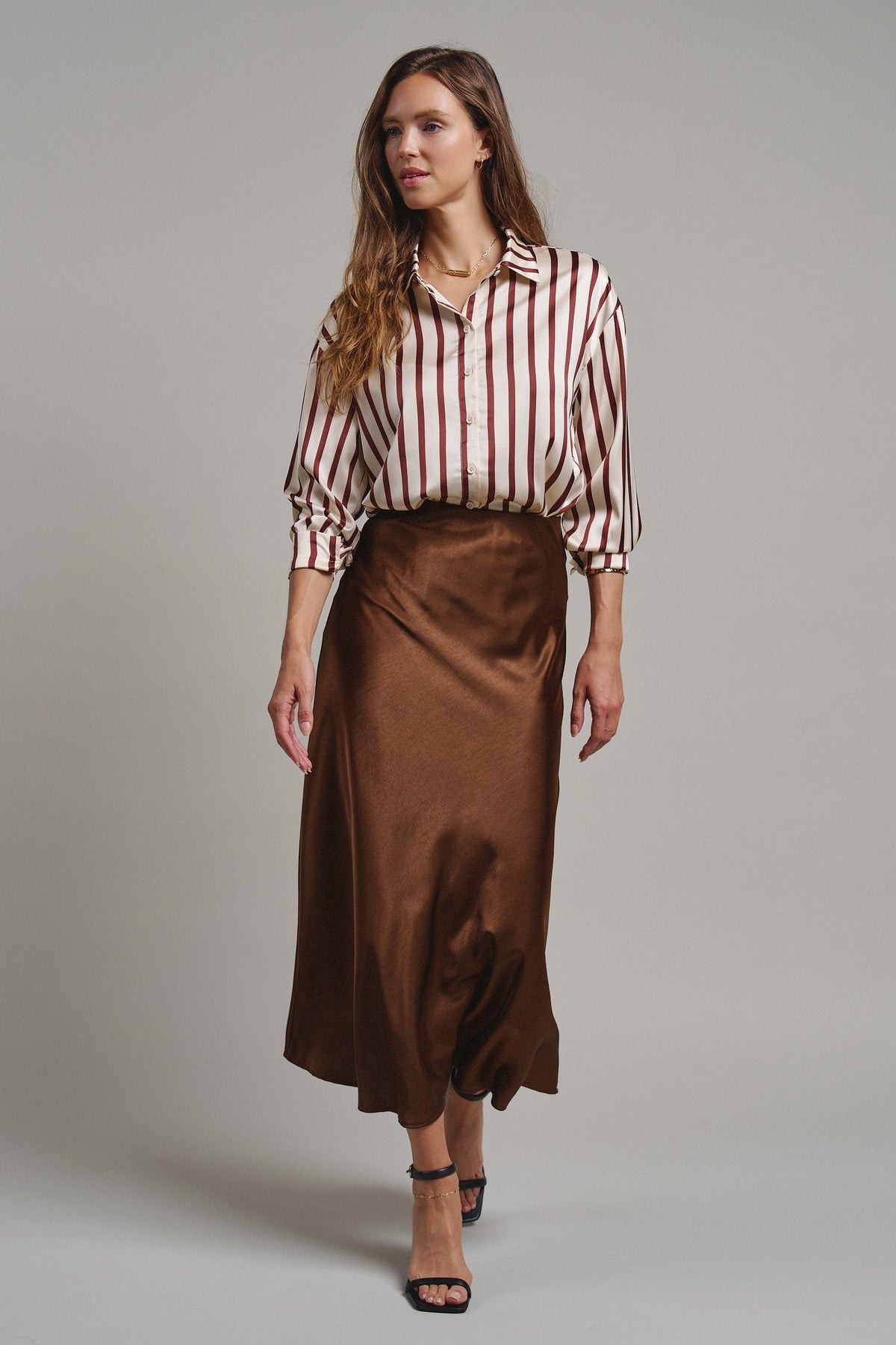 Ribbon Stripe Satin Button Down in Brown - Women's Shirts & Blouses | Urban Daizy