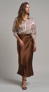 Ribbon Stripe Satin Button Down in Brown - Women's Shirts & Blouses | Urban Daizy