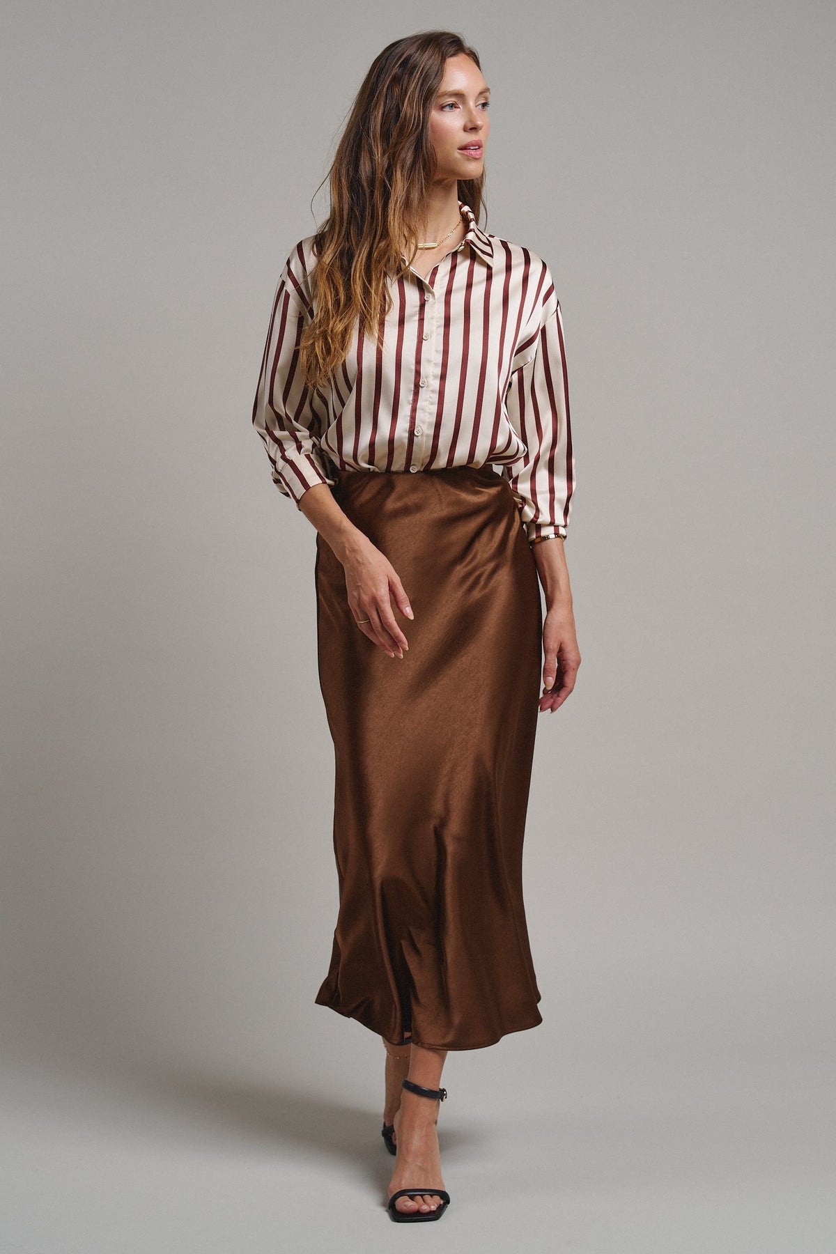 Ribbon Stripe Satin Button Down in Brown - Women's Shirts & Blouses | Urban Daizy