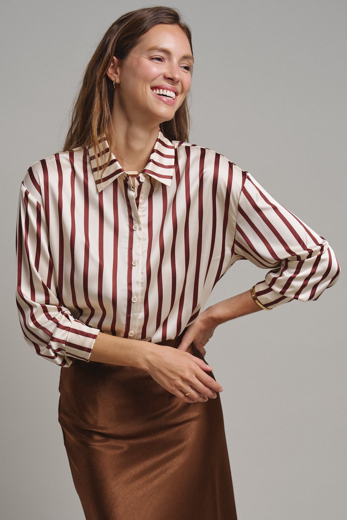 Ribbon Stripe Satin Button Down in Brown - Women's Shirts & Blouses | Urban Daizy