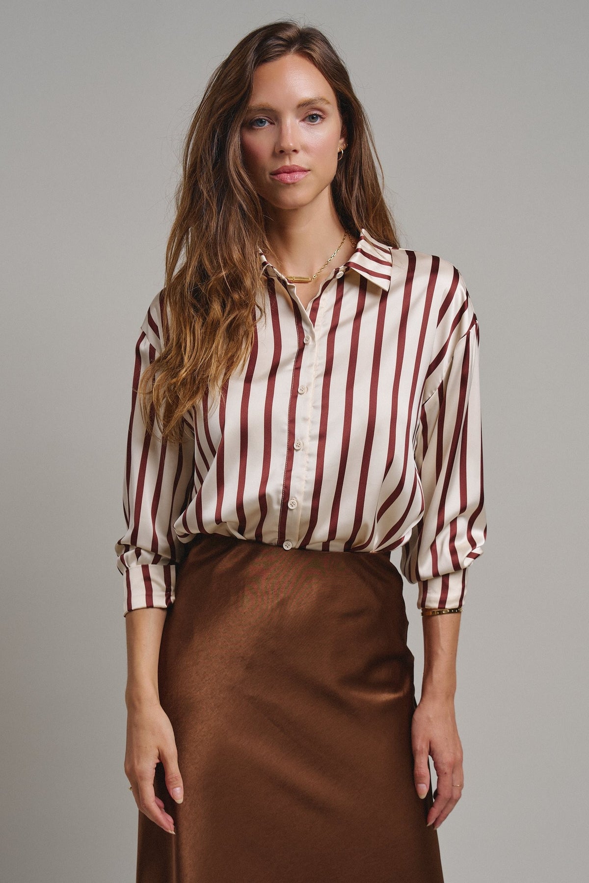 Ribbon Stripe Satin Button Down in Brown - Women's Shirts & Blouses | Urban Daizy