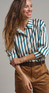 Ribbon Stripe Satin Button Down in Emerald - Women's Shirts & Blouses | Urban Daizy
