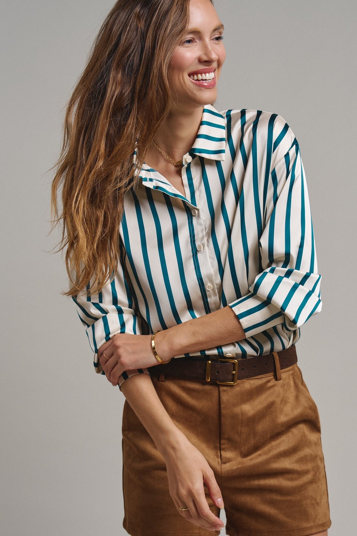 Ribbon Stripe Satin Button Down in Emerald - Women's Shirts & Blouses | Urban Daizy