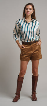 Ribbon Stripe Satin Button Down in Emerald - Women's Shirts & Blouses | Urban Daizy