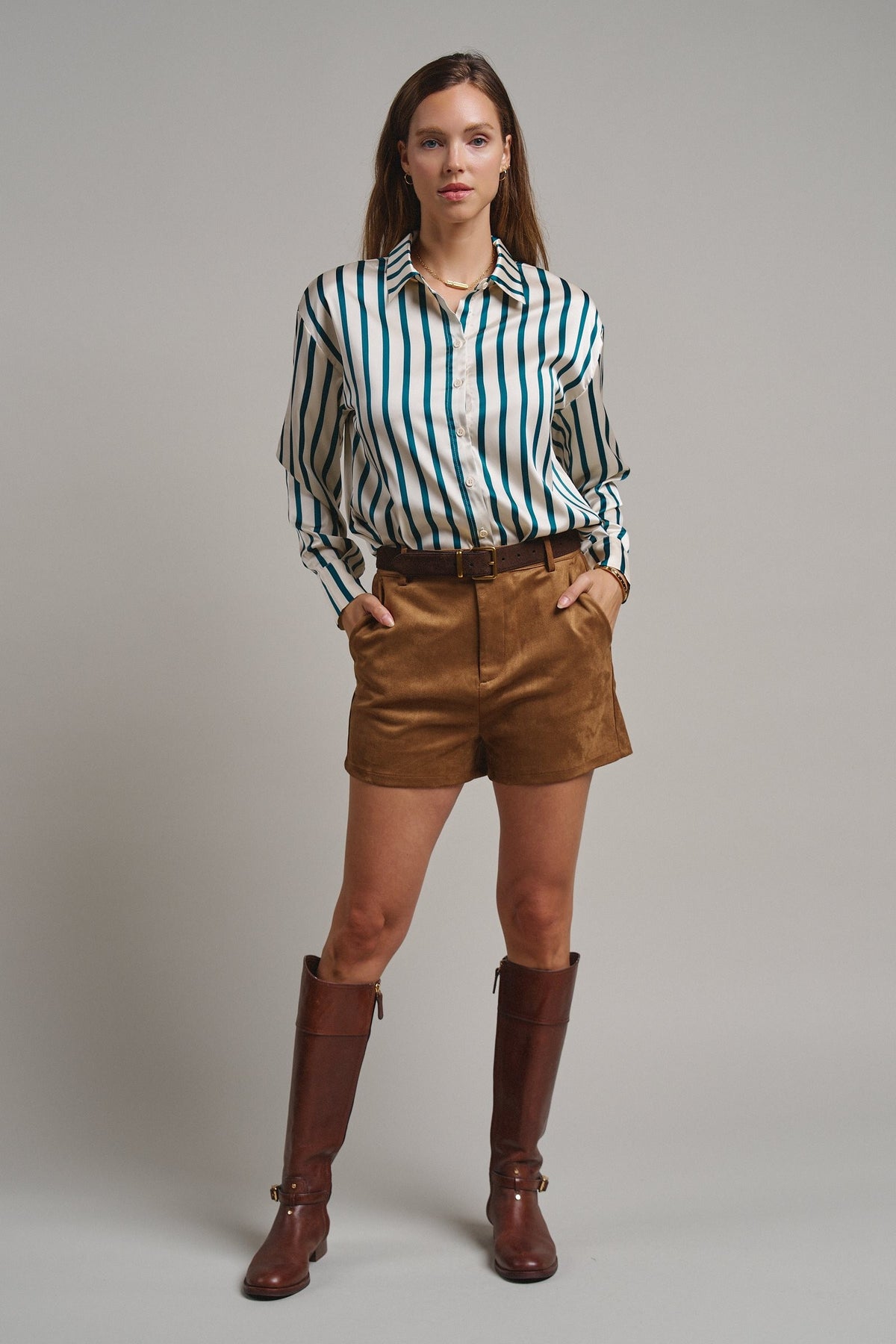 Ribbon Stripe Satin Button Down in Emerald - Women's Shirts & Blouses | Urban Daizy