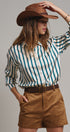 Ribbon Stripe Satin Button Down in Emerald - Women's Shirts & Blouses | Urban Daizy