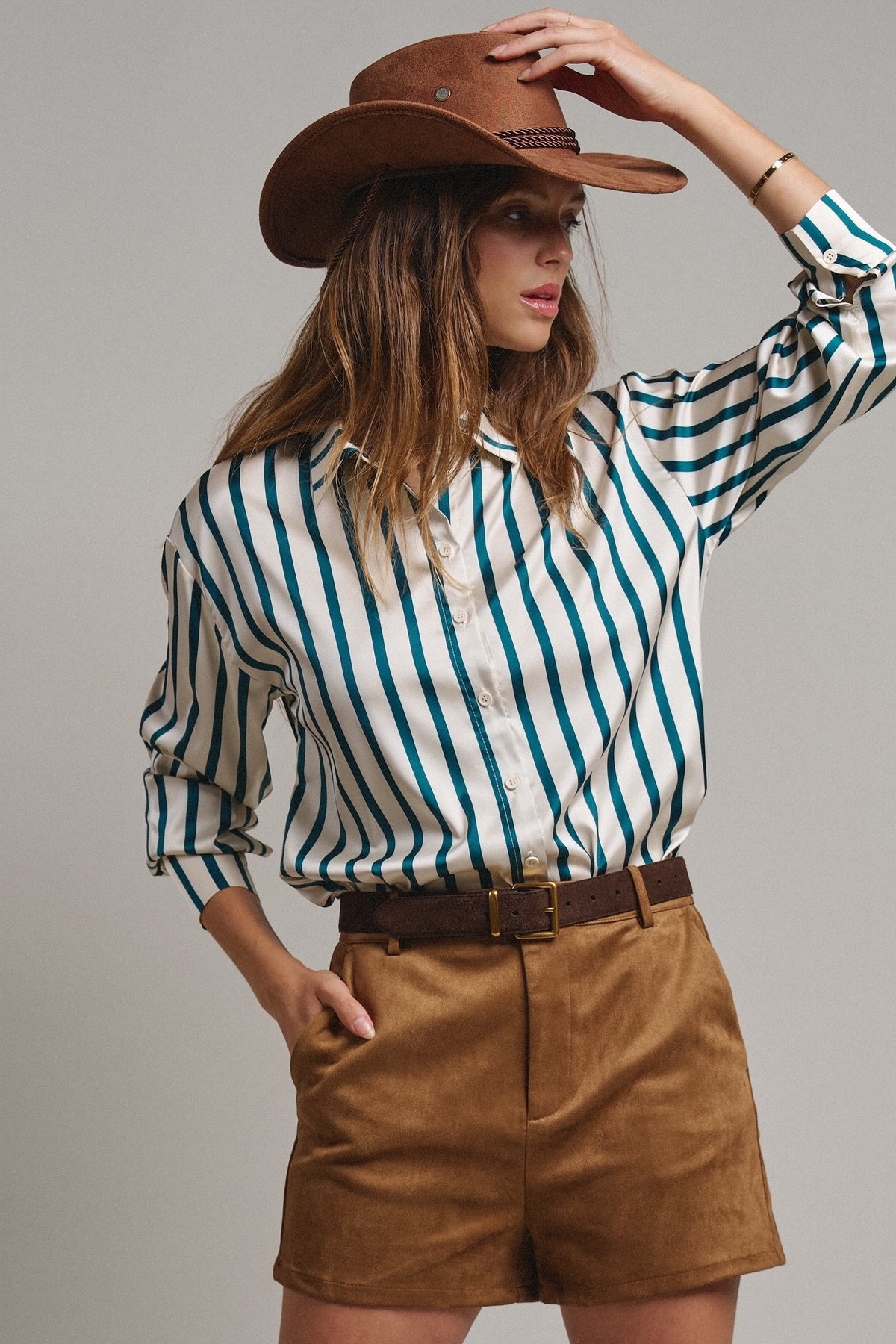 Ribbon Stripe Satin Button Down in Emerald - Women's Shirts & Blouses | Urban Daizy